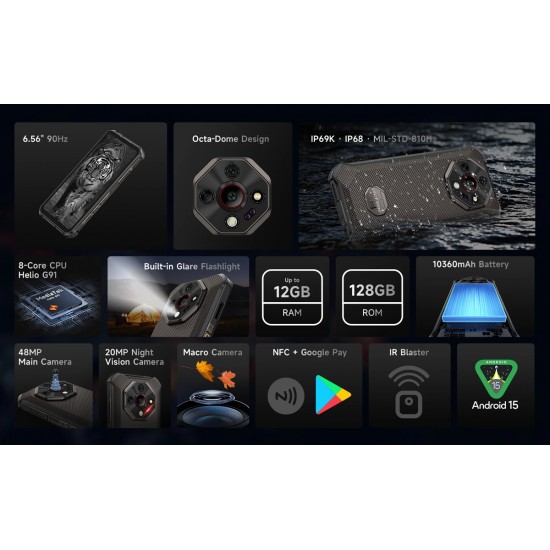 ULEFONE smartphone Armor X16, 6.56", 6/128GB, 10360mAh, IP68/IP69K/MIL-STD-810H, μαύρο