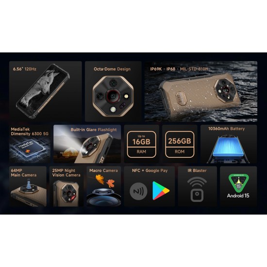 ULEFONE smartphone Armor X16 Pro, 6.56", 8/256GB, 5G, 10360mAh, IP68/IP69K/MIL-STD-810H, μαύρο