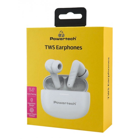 POWERTECH earphones με θήκη φόρτισης PT-1432, True Wireless, 35/300mAh, λευκά