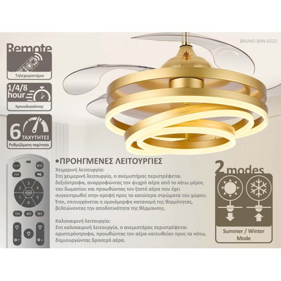 BRUNO ανεμιστήρας οροφής με LED φως BRN-0225, AC 122W, 42", Φ107x58εκ., χρυσός