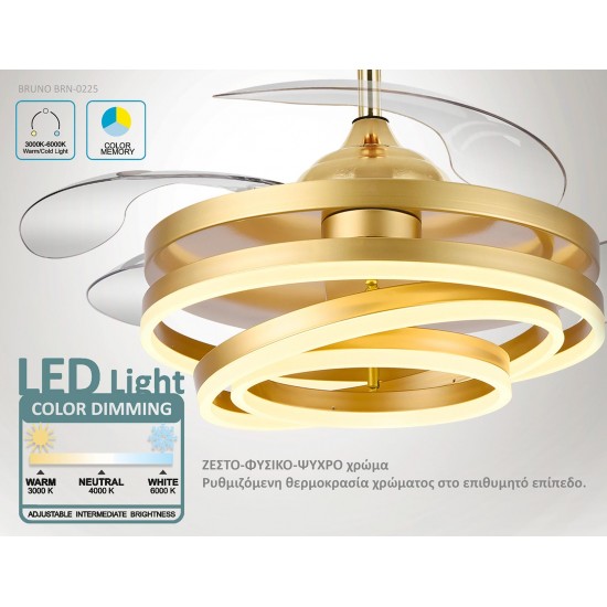 BRUNO ανεμιστήρας οροφής με LED φως BRN-0225, AC 122W, 42", Φ107x58εκ., χρυσός