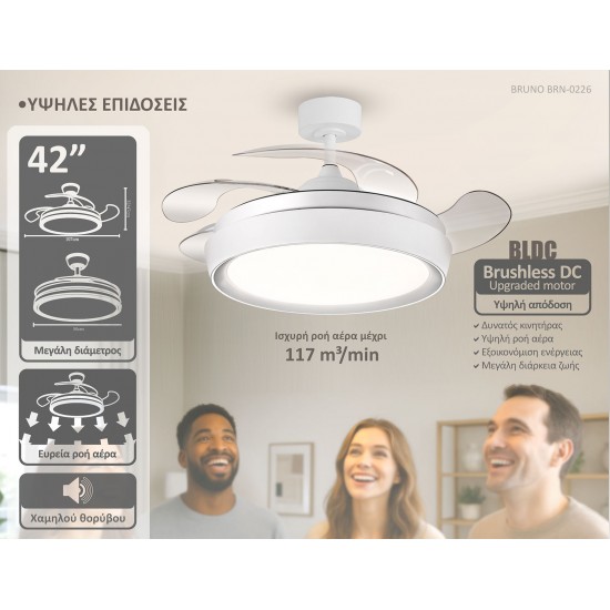 BRUNO ανεμιστήρας οροφής με LED φως BRN-0227, AC 82W, 42", Φ107x35cm, λευκός