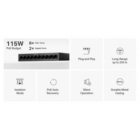 MERCUSYS Desktop Switch MS110CMP, 8x 10/100Mbps PoE+, 2x Gigabit, Ver. 1.0