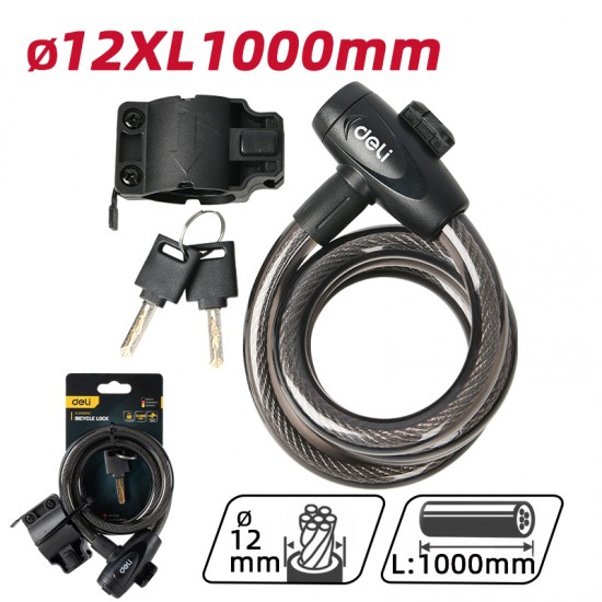 DELI κλειδαριά ποδηλάτου με κλειδί DL508062, Φ12mm, 1m, μαύρη