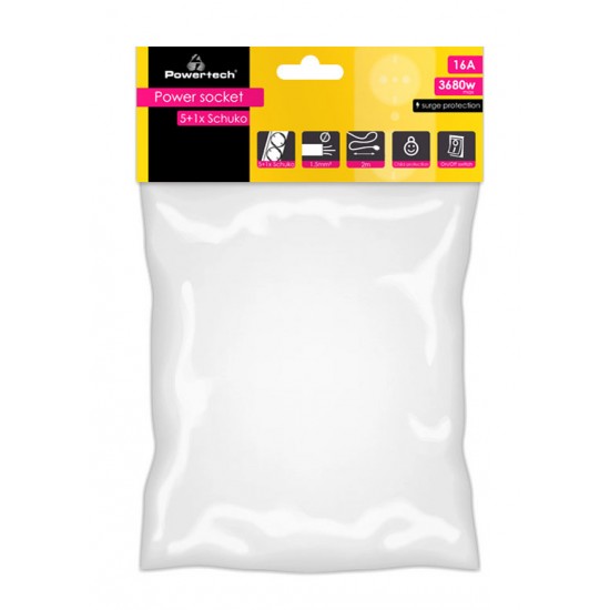 POWERTECH πολύπριζο ασφαλείας PT-994, 5+1 θέσεων schuko, 16A, 2m, μαύρο