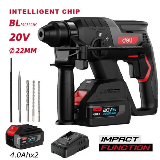 DELI κρουστικό σκαπτικό μπαταρίας DE-DC20-2D4, Brushless, 20V, 2x 4Ah, 2J