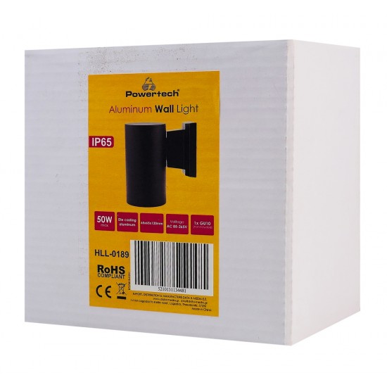 POWERTECH φωτιστικό τοίχου HLL-0189 για GU10 λάμπα, μεταλλικό, IP65, μαύρο