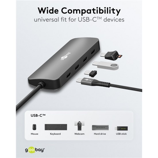 GOOBAY USB hub 76565, 4x θυρών, USB 3.2, 10Gbps, USB-C σύνδεση, γκρι