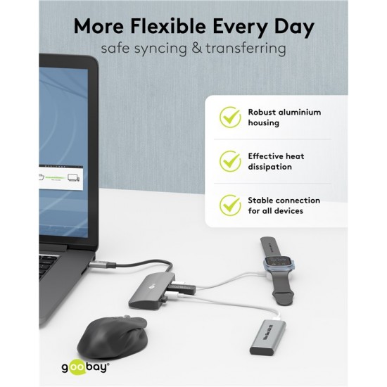 GOOBAY USB hub 76565, 4x θυρών, USB 3.2, 10Gbps, USB-C σύνδεση, γκρι