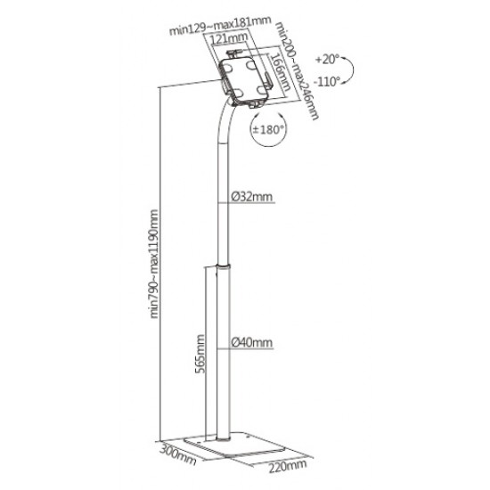 BRATECK βάση tablet δαπέδου PAD33-01, αντικλεπτική, 7.9-11", μαύρη