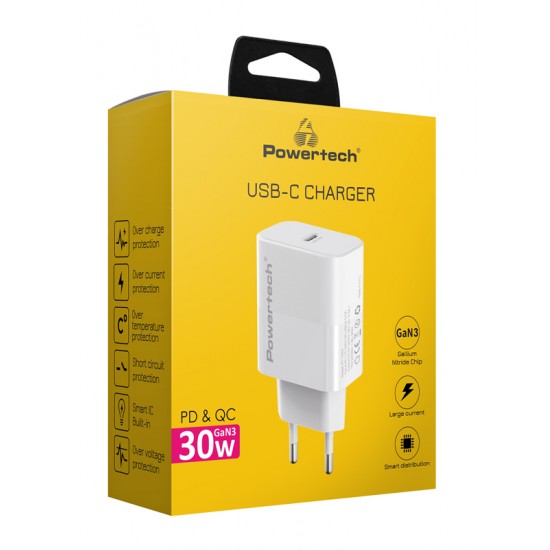 POWERTECH φορτιστής τοίχου PT-1043, USB-C, PD QC3.0, GaN, 30W, λευκός
