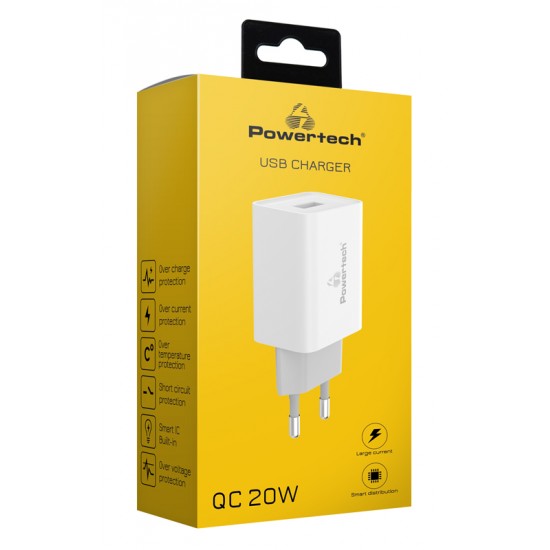 POWERTECH φορτιστής τοίχου PT-780, USB QC 3.0, 20W, 4A, λευκός