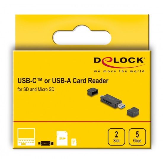 DELOCK card reader 91020 για SD & micro SD, USB/USB-C σύνδεση, 5Gbps, μαύρο