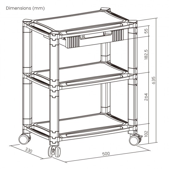 BRATECK ραφιέρα δαπέδου AMS-5L με ροδάκια, 3 ράφια, 50x33x63.5cm, έως 10kg, μαύρη