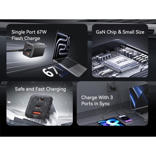 USAMS φορτιστής τοίχου CC265, USB & 2x USB-C, 67W, GaN, λευκός