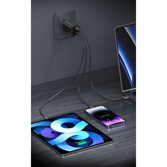 USAMS φορτιστής τοίχου CC265, USB & 2x USB-C, 67W, GaN, λευκός