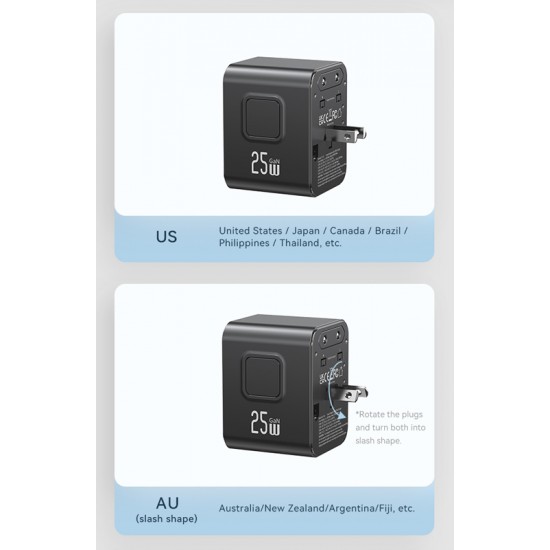 USAMS φορτιστής/αντάπτορας πρίζας CC309, USB & 2x USB-C, universal, 25W, μαύρος
