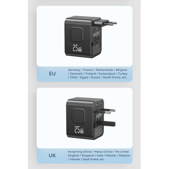 USAMS φορτιστής/αντάπτορας πρίζας CC309, USB & 2x USB-C, universal, 25W, μαύρος