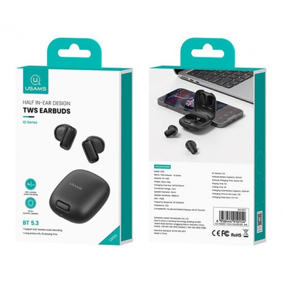 USAMS earphones με θήκη φόρτισης ID25, TWS, Φ13mm, 30/230mAh, μαύρα