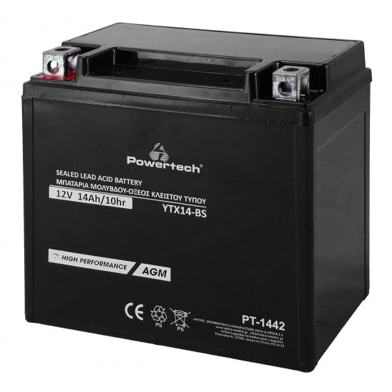 POWERTECH μπαταρία μολύβδου μοτοσυκλέτας PT-1442, 12V 14Ah, AGM, YTX14-BS