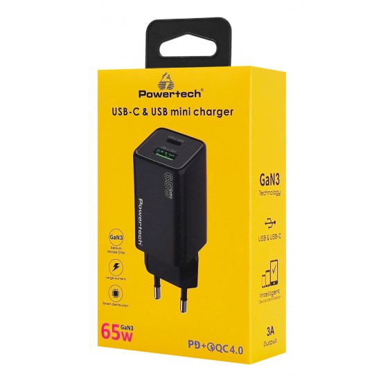 POWERTECH φορτιστής τοίχου PT-1501, USB/USB-C, 65W, GaN, μαύρος