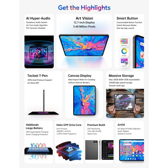 TECLAST tablet ArtPad Pro, 12.7", 8/256GB, 4G, Android 15, 10000mAh, γκρι