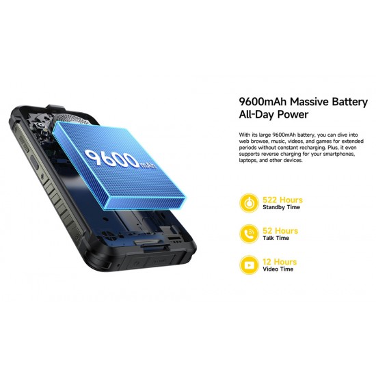 ULEFONE smartphone RugKing με ηχείο 3.5W, 5.99", 8/256GB, 9600mAh, IP68/IP69K, μαύρο