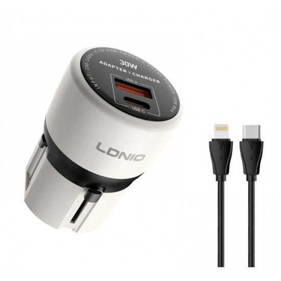 LDNIO φορτιστής τοίχου Q2319 με καλώδιο Lightning, EU/UK/US/AU βύσμα, USB/USB-C, 30W, γκρι