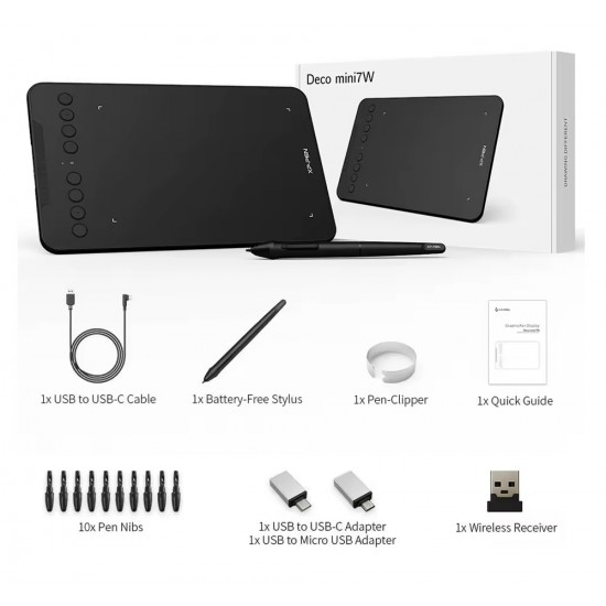 XP-PEN ταμπλέτα σχεδίασης με γραφίδα Deco Mini 7W, ασύρματη σύνδεση, 177.8x111.1mm, μαύρο