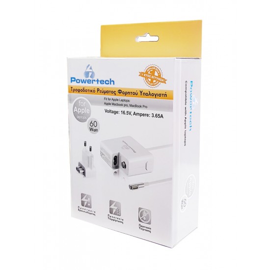 POWERTECH φορτιστής laptop PT-288 για Apple, 60W, 16.5V/3.65A, λευκός