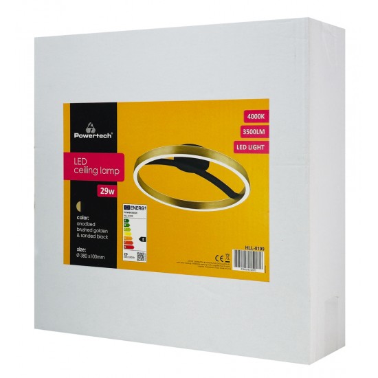 POWERTECH LED φωτιστικό οροφής HLL-0199, 29W, 4000K, Φ38x10cm, χρυσό/μαύρο