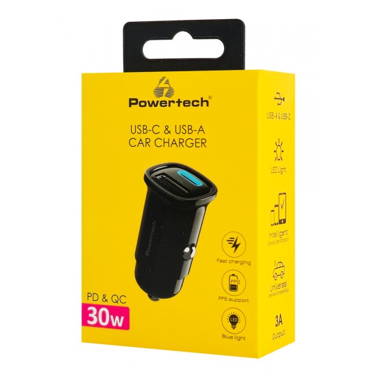 POWERTECH φορτιστής αυτοκινήτου PT-1538, USB & USB-C, 30W, μαύρος
