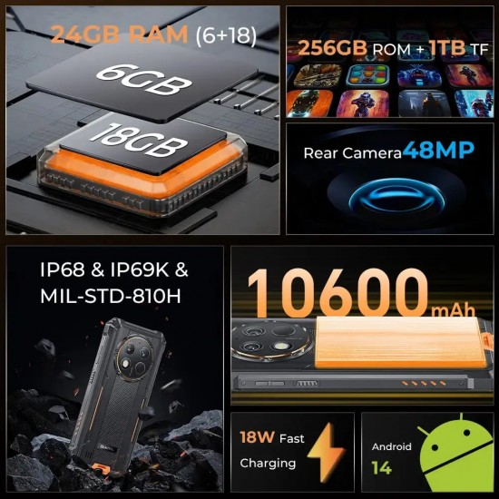 OUKITEL smartphone G1, 6.52", 6/256GB, 10600mAh, IP68/IP69K/MIL-STD-810H, μαύρο