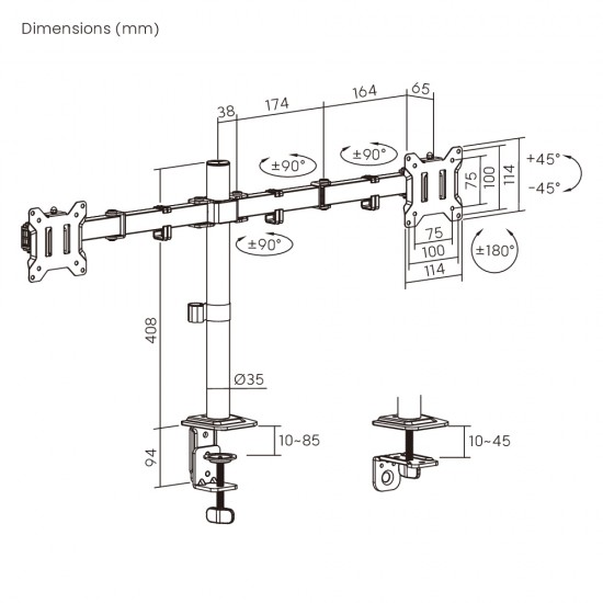 POWERTECH βάση γραφείου για 2x οθόνες PT-1552, 17-32", έως 10kg