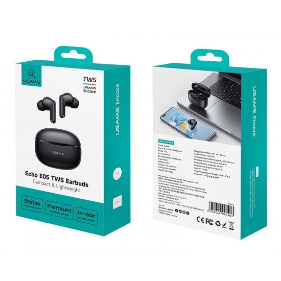 USAMS earphones με θήκη φόρτισης E05, True Wireless, BT 6.0, μαύρα