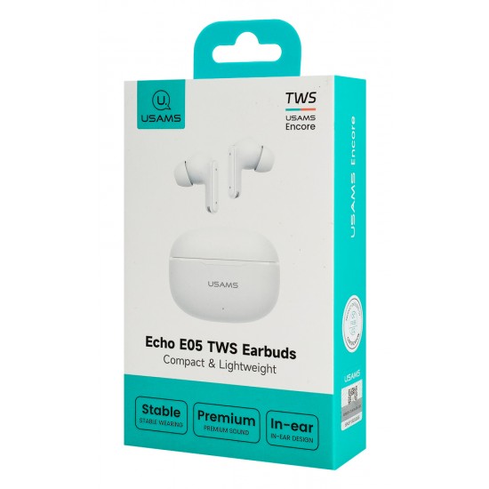USAMS earphones με θήκη φόρτισης E05, True Wireless, BT 6.0, λευκό