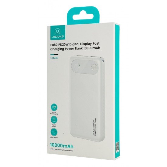 USAMS power bank CD249 με οθόνη, 3x θύρες εξόδου, 10000mAh, PD20W, λευκό