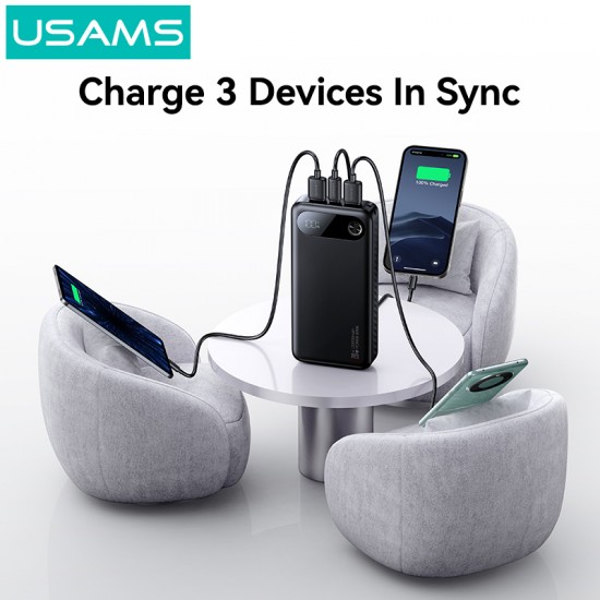 USAMS power bank CD251 με οθόνη, 3x θύρες εξόδου, 20000mAh, PD20W, λευκό