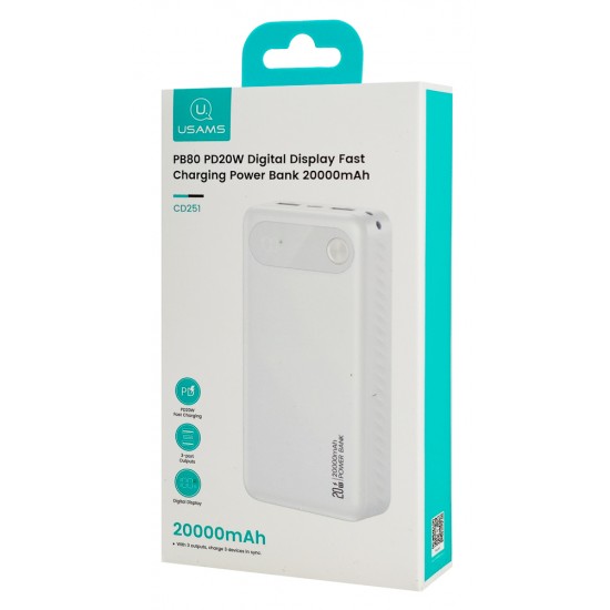 USAMS power bank CD251 με οθόνη, 3x θύρες εξόδου, 20000mAh, PD20W, λευκό
