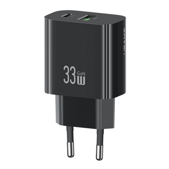 USAMS φορτιστής τοίχου CC317, USB & USB-C, 33W, GaN, μαύρος
