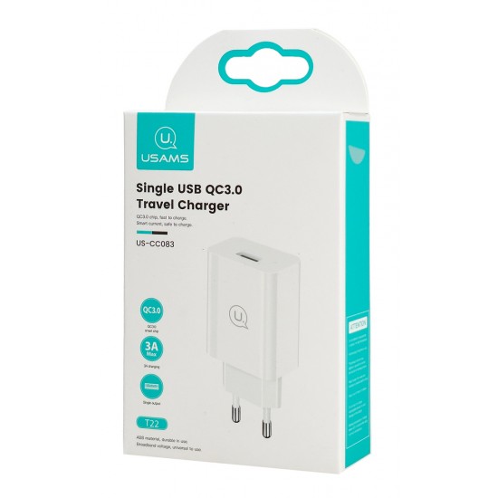 USAMS φορτιστής τοίχου T22, 1x USB, QC3.0 18W 3A, λευκός