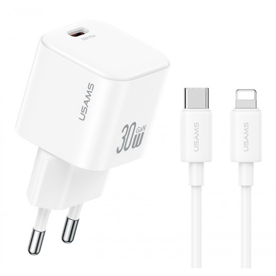 USAMS φορτιστής τοίχου CC262 με καλώδιο Lightning, 30W, GaN, λευκός