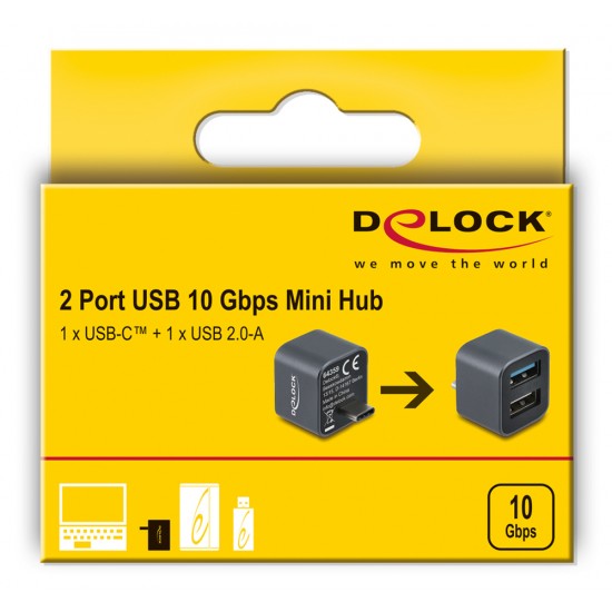 DELOCK mini USB hub 64359, 2x θυρών, USB 3.2, 10Gbps, USB-C σύνδεση, γκρι