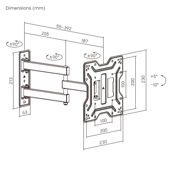 POWERTECH επιτοίχια βάση τηλεόρασης PT-1556, 23-43", έως 30kg, full motion