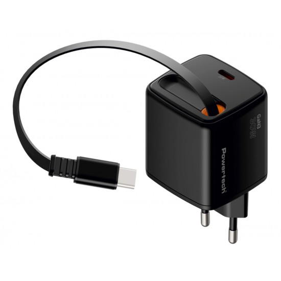 POWERTECH φορτιστής τοίχου PT-1571 με πτυσσόμενο καλώδιο, USB-C, 30W, GaN, μαύρος