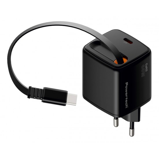POWERTECH φορτιστής τοίχου PT-1573 με πτυσσόμενο καλώδιο, USB-C, 65W, GaN, μαύρος
