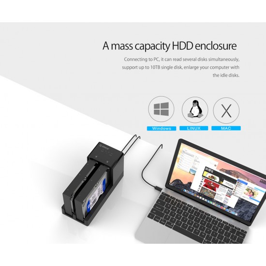 ORICO docking station για 2.5" ή 3.5" SATA HDD/SSD 6528US3-C, 2 θέσεων, 5Gbps, clone function, μαύρο