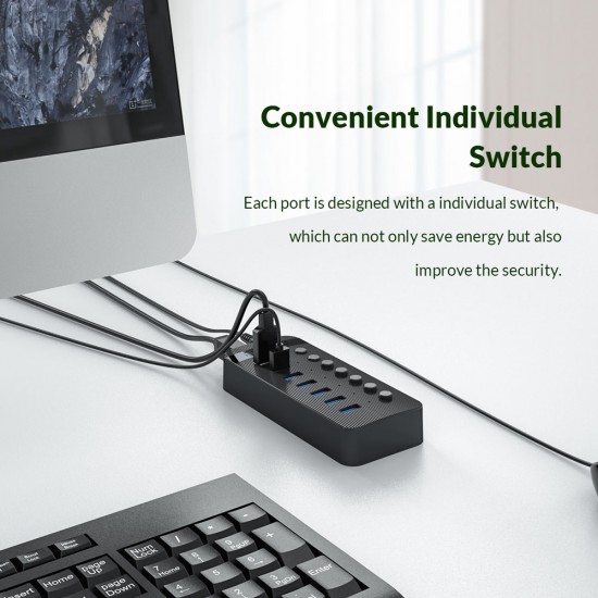 ORICO USB hub CT2U3-7AB με διακόπτες, 7x θυρών, USB 3.0, 5Gbps, USB σύνδεση, μαύρο