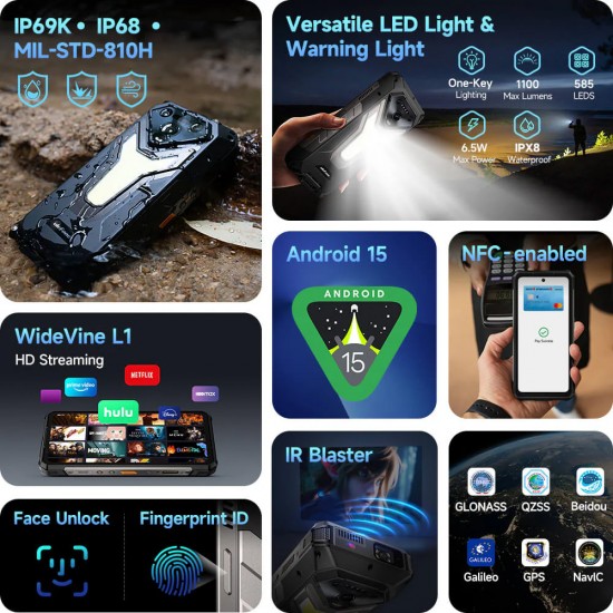 ULEFONE smartphone Armor 34 Pro Plus με βιντεοπροβολέα, 6.95", 5G, 16/512GB, 25500mAh, IP68/IP69K/MIL-STD-810H, μαύρο