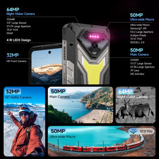 ULEFONE smartphone Armor 34 Pro Plus με βιντεοπροβολέα, 6.95", 5G, 16/512GB, 25500mAh, IP68/IP69K/MIL-STD-810H, μαύρο